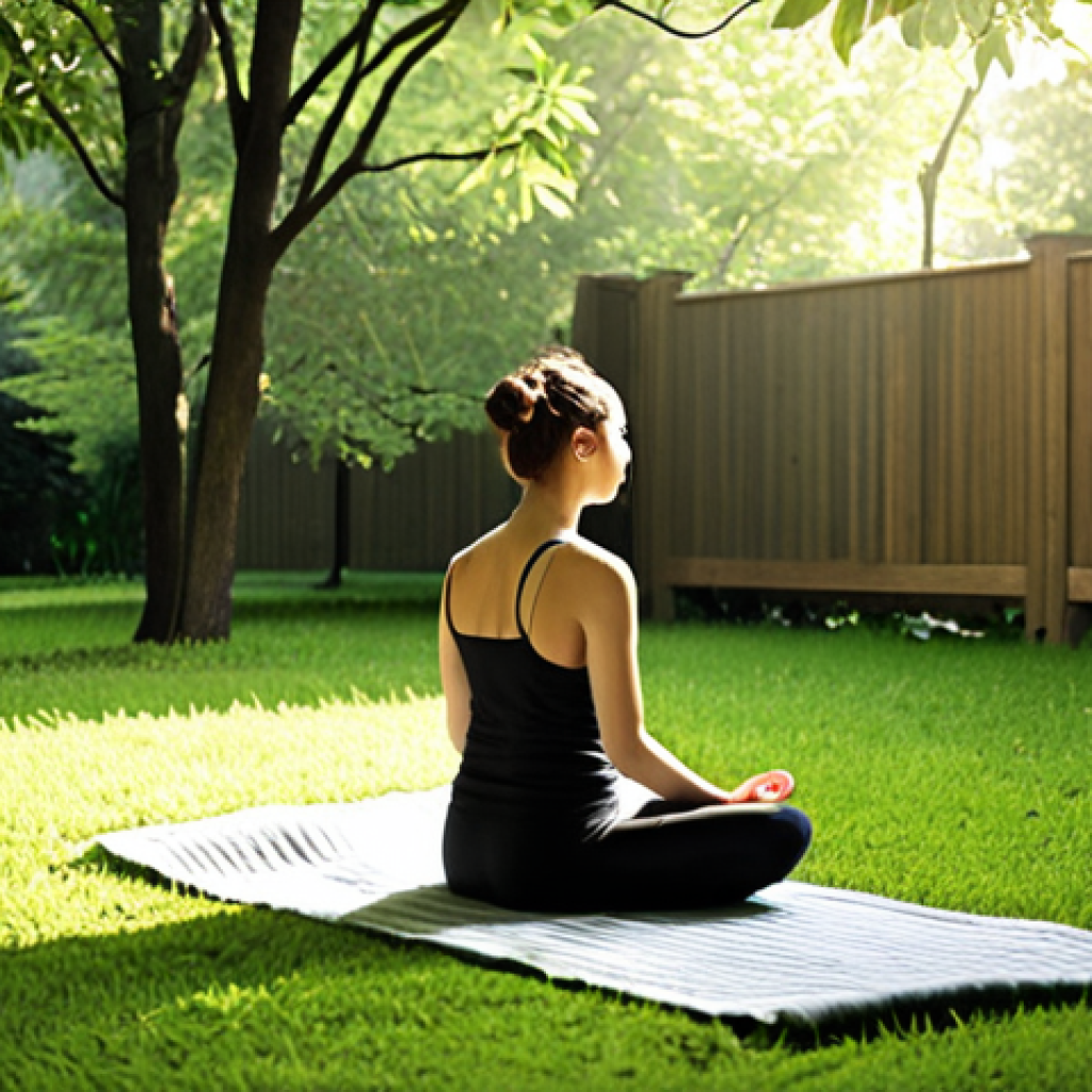**Image Prompt 1:** A peaceful outdoor meditation scene. A person sits calmly on a meditation mat or blanket in a tranquil urban park or a quiet backyard corner. Soft morning light, gentle breeze, and verdant green surroundings create a serene atmosphere of a personal sanctuary. Realistic, high detail, warm natural tones.
