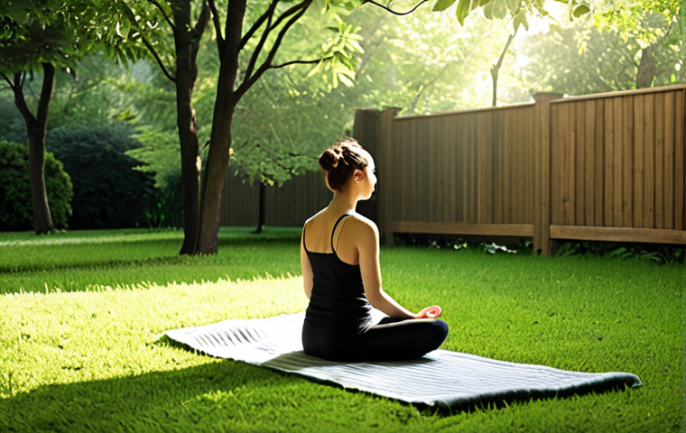 **Image Prompt 1:** A peaceful outdoor meditation scene. A person sits calmly on a meditation mat or blanket in a tranquil urban park or a quiet backyard corner. Soft morning light, gentle breeze, and verdant green surroundings create a serene atmosphere of a personal sanctuary. Realistic, high detail, warm natural tones.