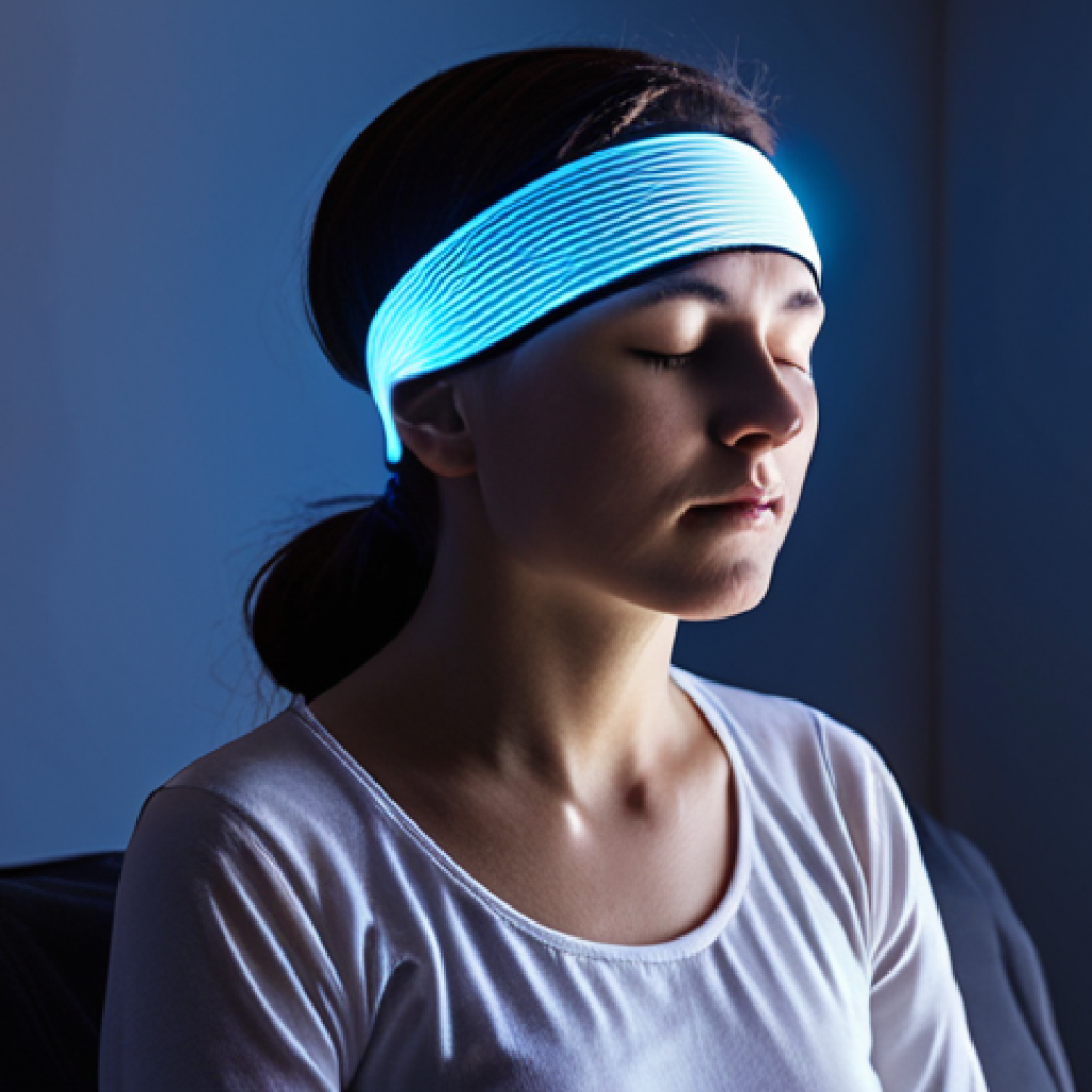 **A person wearing a biofeedback headband, eyes closed in peaceful meditation, surrounded by softly glowing digital interfaces displaying brainwave activity and relaxation metrics. The scene should blend technology and tranquility, suggesting a modern, data-driven approach to mindfulness.**