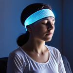 **A person wearing a biofeedback headband, eyes closed in peaceful meditation, surrounded by softly glowing digital interfaces displaying brainwave activity and relaxation metrics. The scene should blend technology and tranquility, suggesting a modern, data-driven approach to mindfulness.**