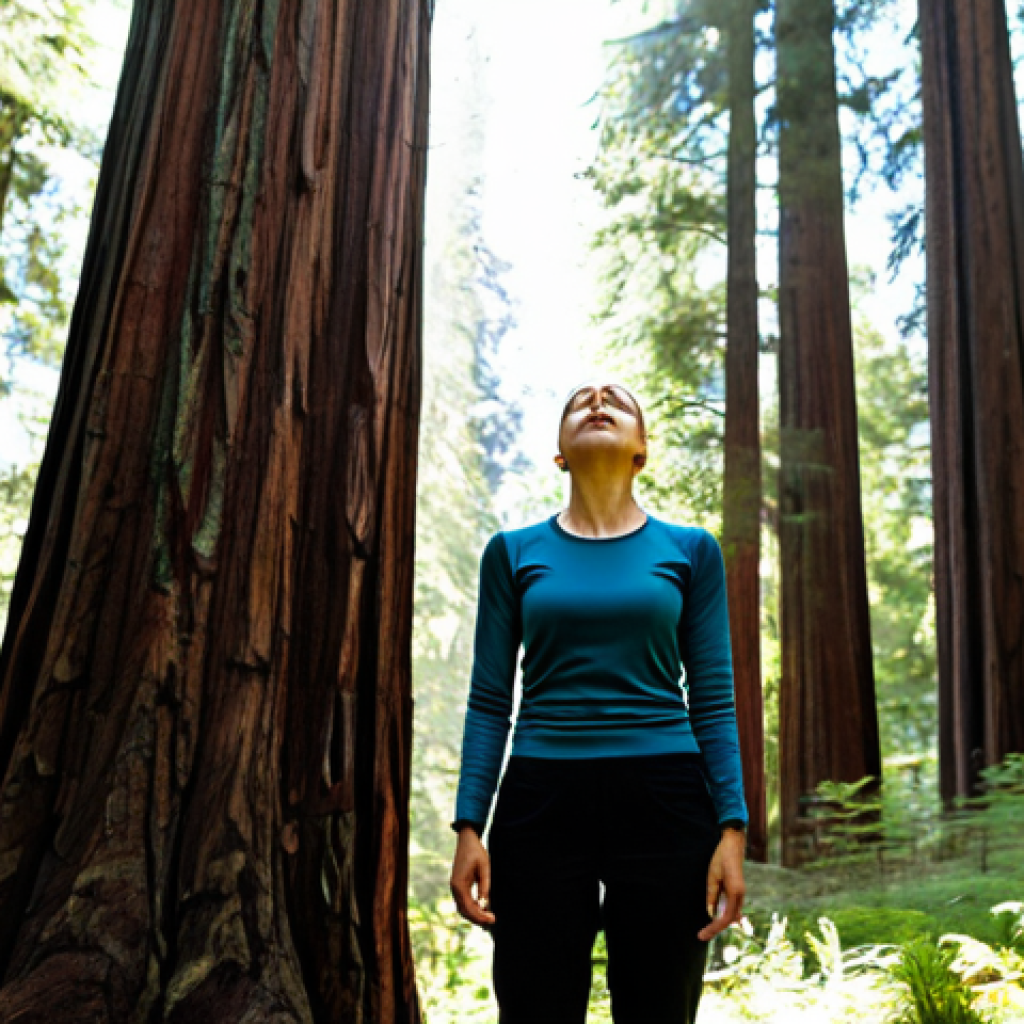 Forest Bathing Meditation**

"A woman in comfortable hiking attire, fully clothed, is standing amongst tall redwood trees in a sun-dappled forest, eyes closed, hands gently resting at her sides, engaged in a forest bathing meditation, appropriate content, safe for work, perfect anatomy, natural proportions, high-quality photograph, professional, modest clothing, bright and airy."

**