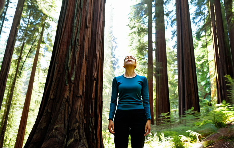 Forest Bathing Meditation**

"A woman in comfortable hiking attire, fully clothed, is standing amongst tall redwood trees in a sun-dappled forest, eyes closed, hands gently resting at her sides, engaged in a forest bathing meditation, appropriate content, safe for work, perfect anatomy, natural proportions, high-quality photograph, professional, modest clothing, bright and airy."

**