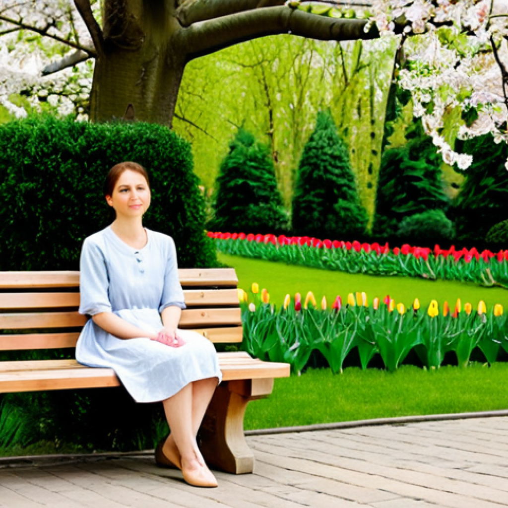 Spring Garden Meditation**

"A woman in a light-colored, modest sundress sitting cross-legged on a wooden bench in a lush spring garden, surrounded by blooming tulips and cherry blossoms, fully clothed, appropriate attire, safe for work, perfect anatomy, natural proportions, soft natural lighting, professional photography, family-friendly."

**