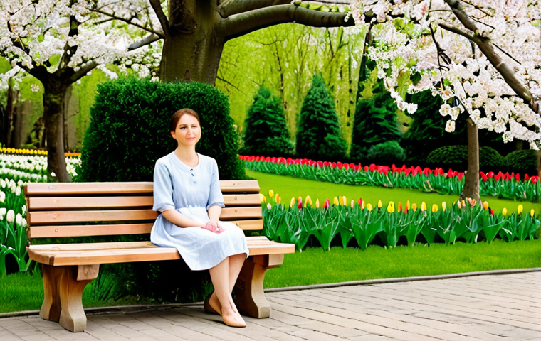 Spring Garden Meditation**

"A woman in a light-colored, modest sundress sitting cross-legged on a wooden bench in a lush spring garden, surrounded by blooming tulips and cherry blossoms, fully clothed, appropriate attire, safe for work, perfect anatomy, natural proportions, soft natural lighting, professional photography, family-friendly."

**