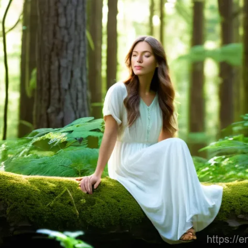 가장 인기 있는 자연 명상 명소 10곳 - A serene woman, mid-20s, with long, flowing brown hair, wearing a comfortable, modest white sundress...
