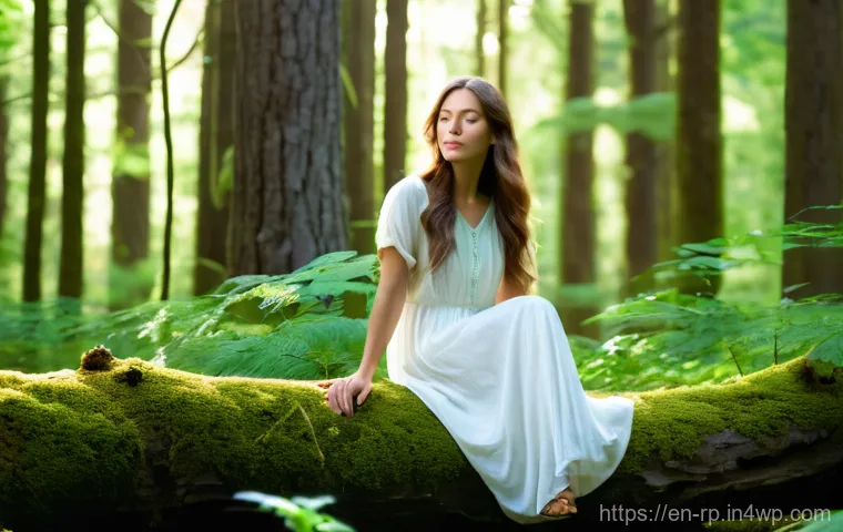 가장 인기 있는 자연 명상 명소 10곳 - A serene woman, mid-20s, with long, flowing brown hair, wearing a comfortable, modest white sundress...
