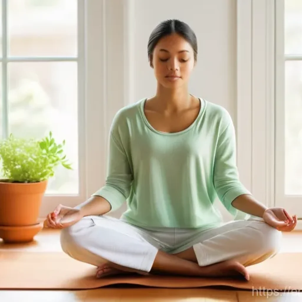 사계절에 따른 자연 명상 변화 - **Spring Renewal Meditation in a Sunlit Room:**
    A serene young adult woman, dressed in comfortab...