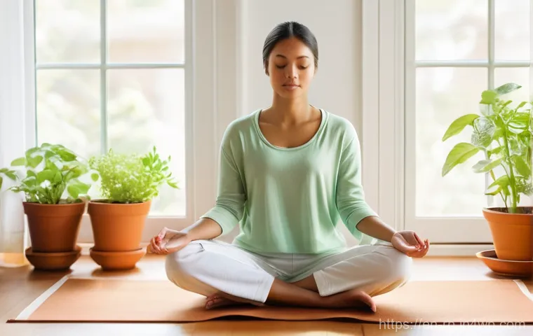 사계절에 따른 자연 명상 변화 - **Spring Renewal Meditation in a Sunlit Room:**
    A serene young adult woman, dressed in comfortab...
