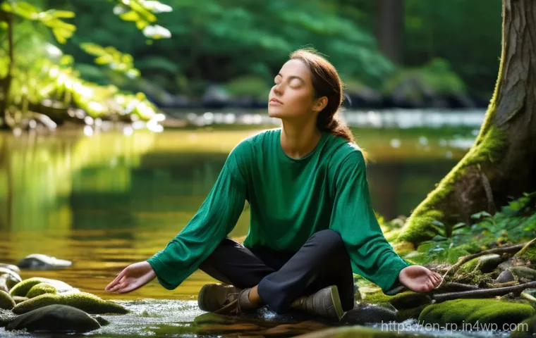 자연 명상  치유의 여정 시작하기 - Unearthing Your Personal Green Oasis**

Prompt: A serene, softly lit photographic image of a person,...