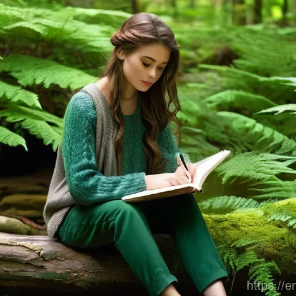 자연 속에서의 명상과 글쓰기의 결합 - **Nature's Creative Studio: Forest Stream Serenity**
    "A young adult woman, with a serene express...
