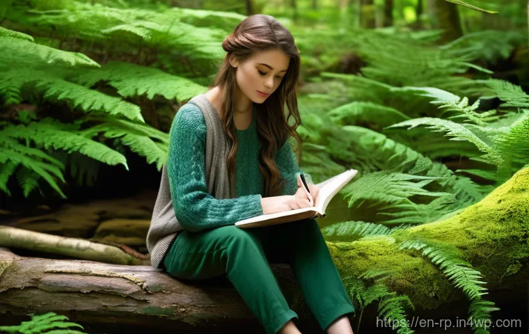 자연 속에서의 명상과 글쓰기의 결합 - **Nature's Creative Studio: Forest Stream Serenity**
"A young adult woman, with a serene express...
