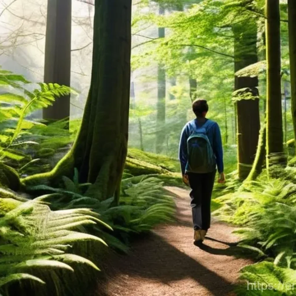 자연 명상과 정신 건강의 관계 - **Prompt:** A serene full-body shot of a person mindfully walking on a soft, mossy forest path. Sunl...