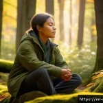 자연 명상 중 느낄 수 있는 감정들 - A serene forest scene in early autumn with soft golden sunlight filtering through tall green and ora...
