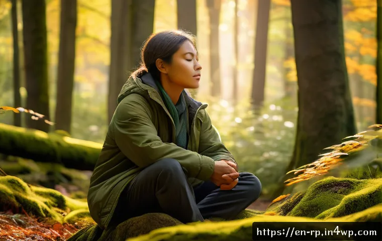 자연 명상 중 느낄 수 있는 감정들 - A serene forest scene in early autumn with soft golden sunlight filtering through tall green and ora...