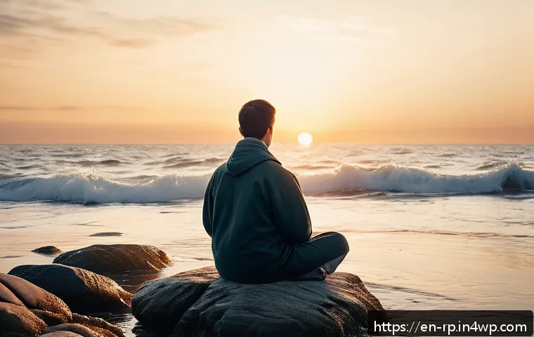 해양 생태계에서의 자연 명상 체험 - A serene coastal scene at dawn featuring a person sitting cross-legged on a smooth rocky shore, eyes...