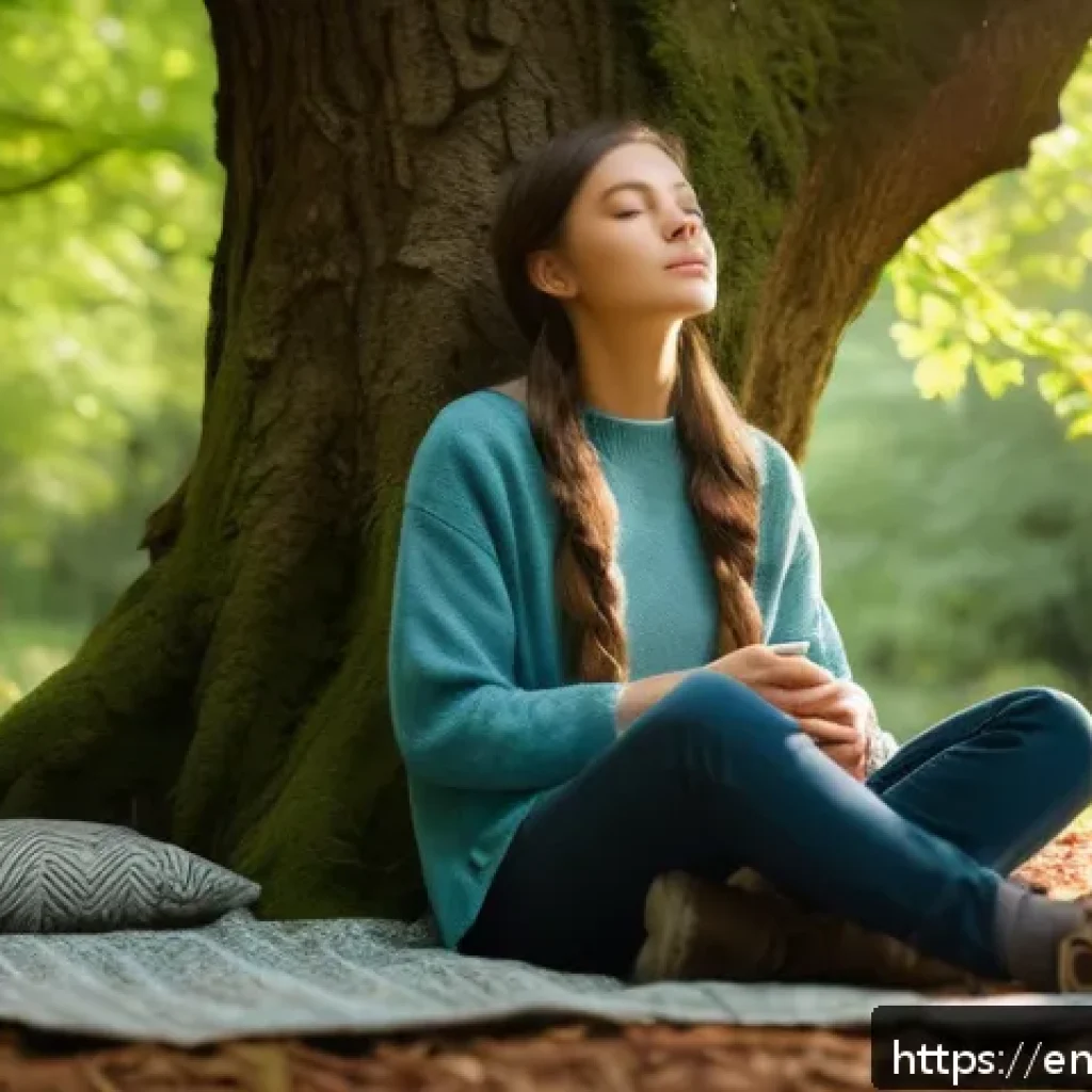 자연 명상과 수련생의 이야기 - A serene scene of a young woman sitting peacefully beneath a massive ancient oak tree in a quiet for...