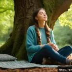 자연 명상과 수련생의 이야기 - A serene scene of a young woman sitting peacefully beneath a massive ancient oak tree in a quiet for...