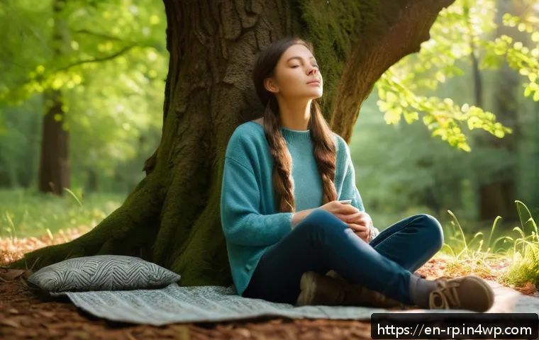자연 명상과 수련생의 이야기 - A serene scene of a young woman sitting peacefully beneath a massive ancient oak tree in a quiet for...