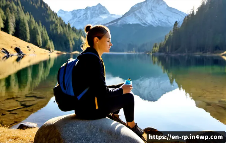 Home 17 여행 중 자연 명상 활용하기 - Photorealistic solo traveler practicing nature meditation beside a calm alpine lake at sunrise, seat...