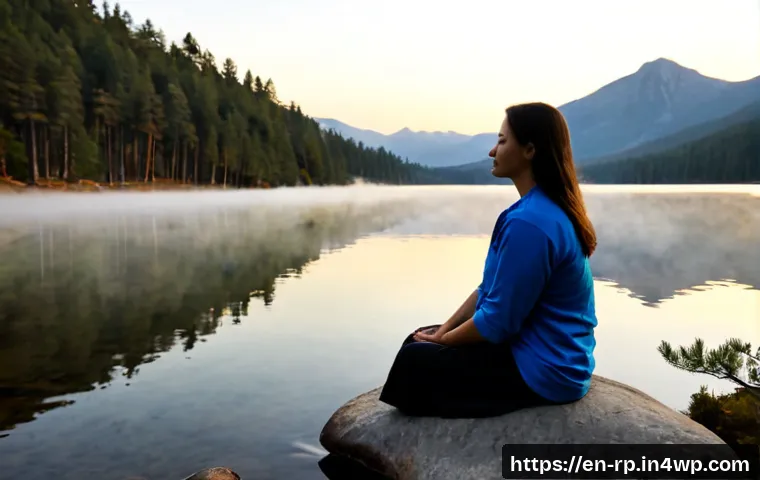 Home 17 자연 명상으로 고요함 찾기 - Photorealistic wide landscape of a peaceful adult seated on a smooth lakeside rock in simple modest ...