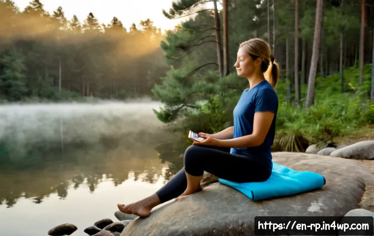 자연 명상과 관련된 소셜 미디어 활용법 - Photorealistic outdoor lifestyle scene of a relaxed middle-aged woman sitting cross-legged on a smoo...