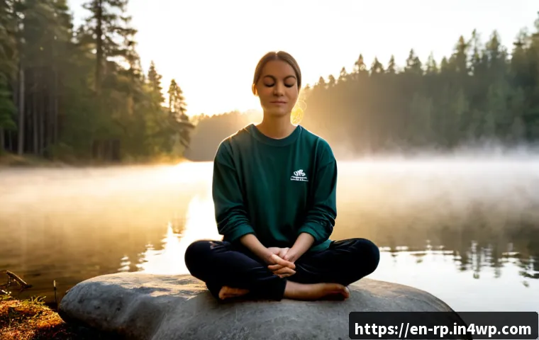 자연 명상과 mindfulness의 연관성 - Photorealistic sunrise scene of an adult seated cross-legged on a smooth lakeside rock, wearing mode...