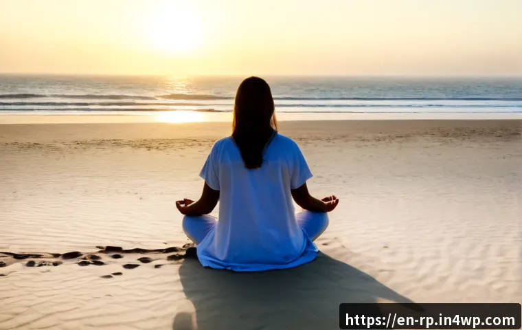 해변에서의 자연 명상 방법 - Photorealistic wide-angle sunrise beach meditation scene, an adult wearing modest light linen clothi...